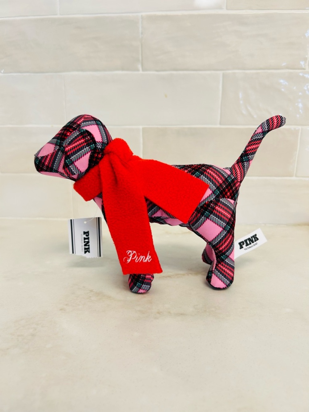 Victoria's Secret PINK 2025 Plaid Dog Plush in Pink and Black with Red Scarf